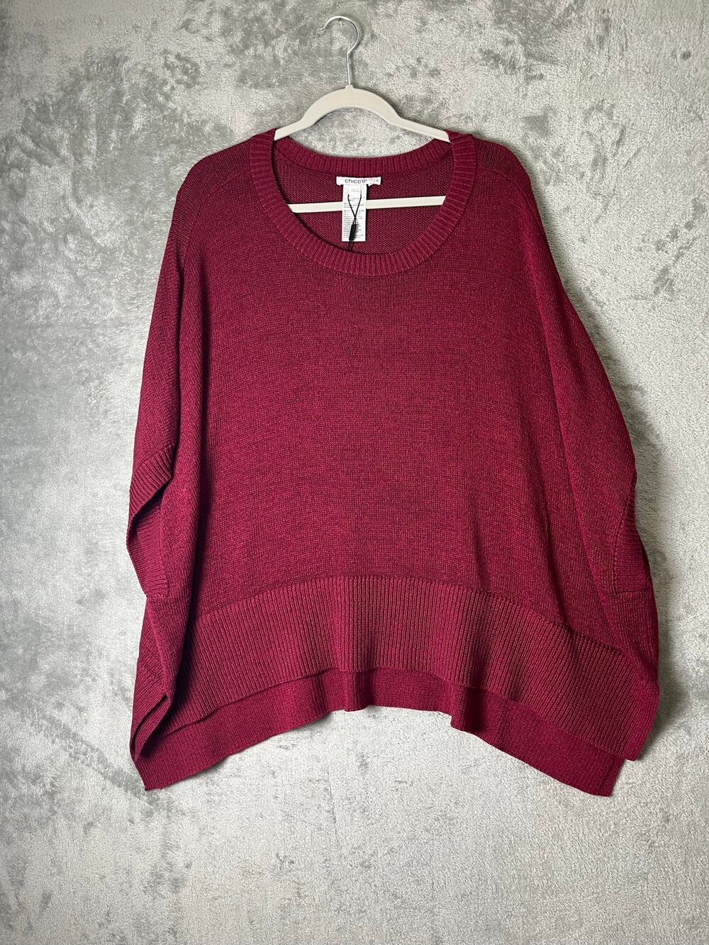 Chico’s L/XL Berry Compote Poncho Sweater Oversized Ribbed Hem Knit Pullover New